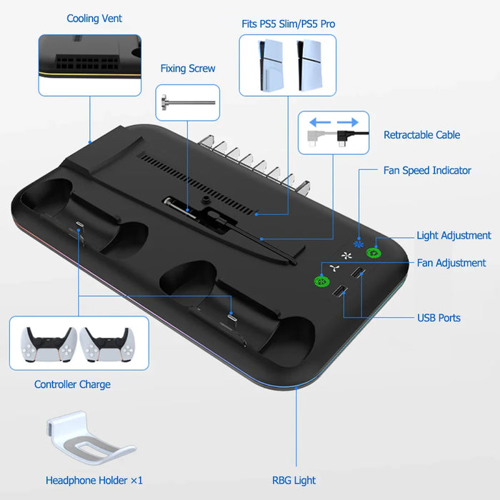 Ps5 Cooling Dock Dual Controller Charging Headphone Holder