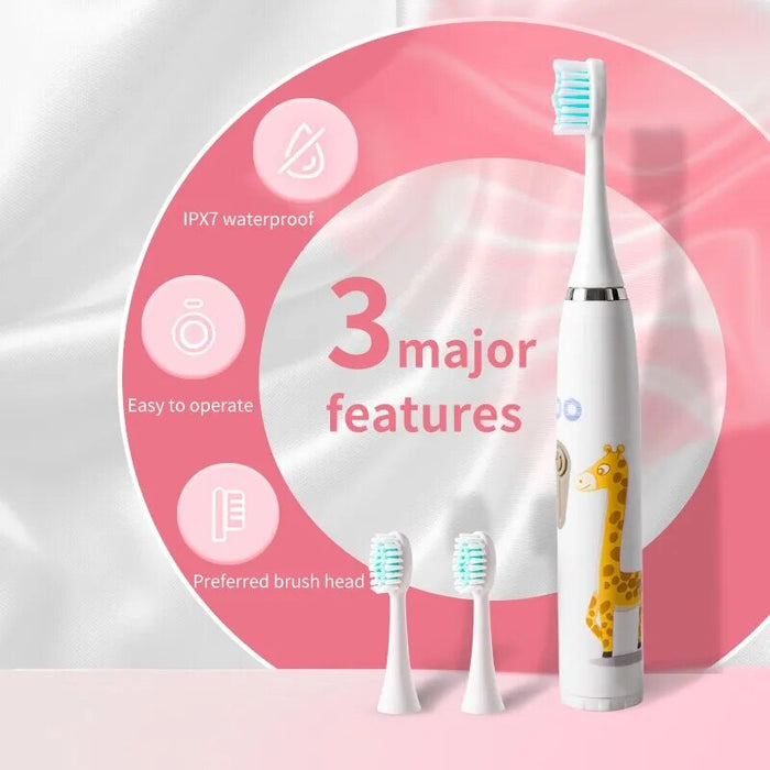 Electric Ultrasonic Rechargeable Soft Cartoon Toothbrush With Replacement Heads For Kids