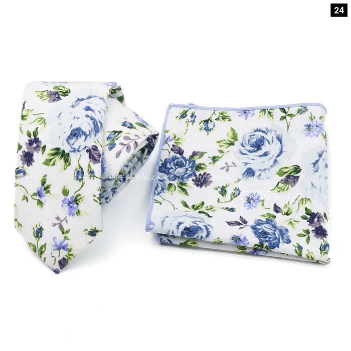 Floral Cotton Ties And Pocket Square Set For Business And Weddings