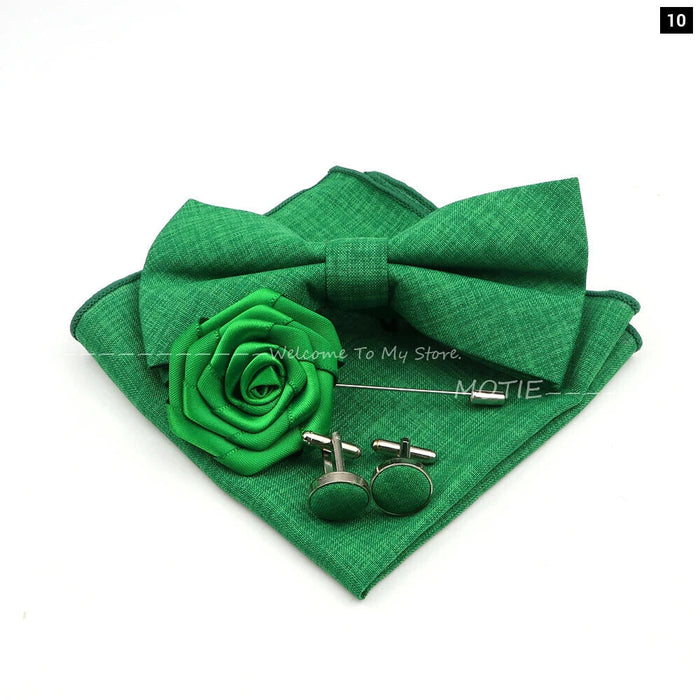 Classic Bowtie Set With Handkerchief Cufflink And Brooch