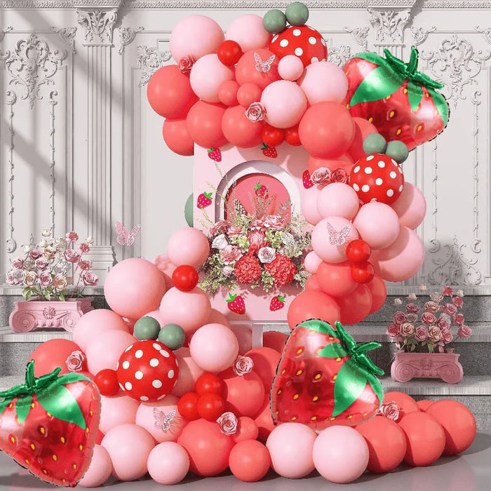 133Pcs Red Pink Strawberry Balloon Wreath Arch Kit Hot Light Pink Red Balloon Strawberry Themed Parties And Birthday Parties