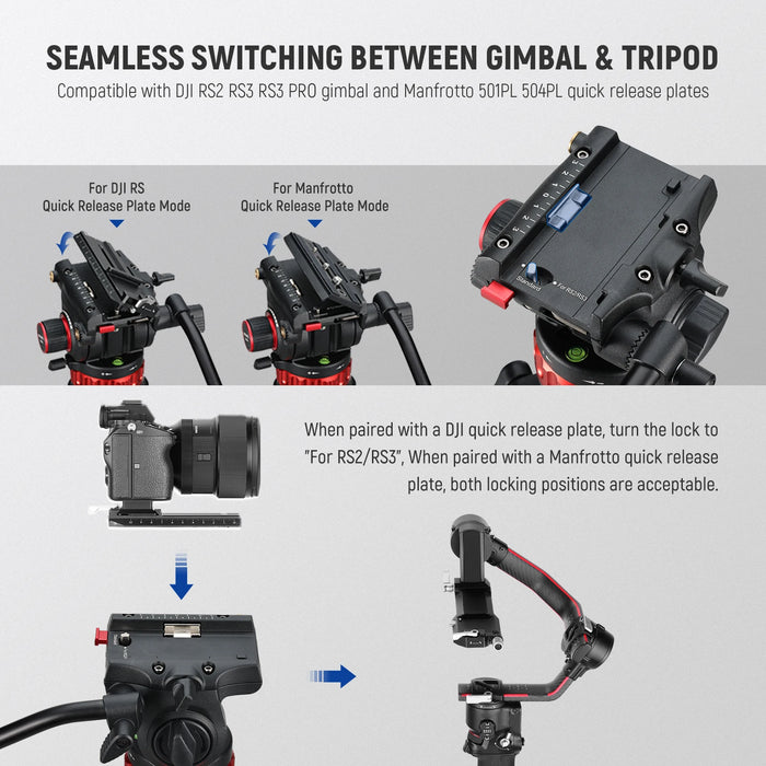 Pro Fluid Head For Dji Rs Gimbals & Manfrotto Handle Stepless Pan & Tilt Heavy Duty All Metal Qr Plate