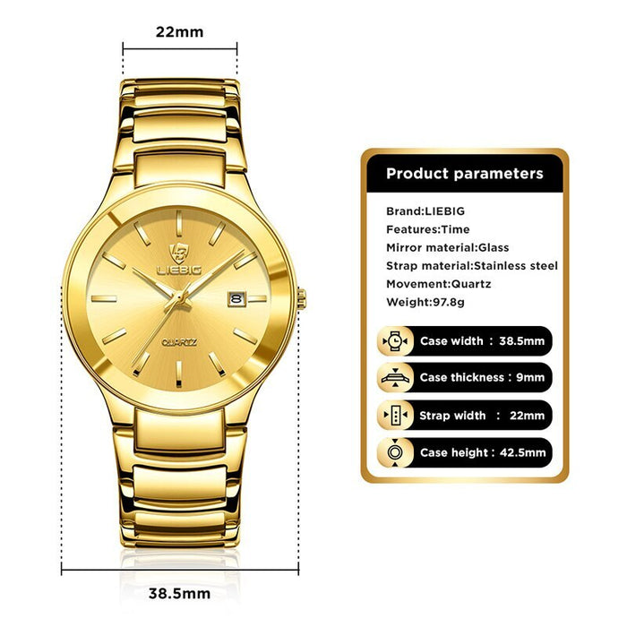 Golden Stainless Steel Quartz Watch Women Men Waterproof Date Wristwatches For Ladies Female Clock