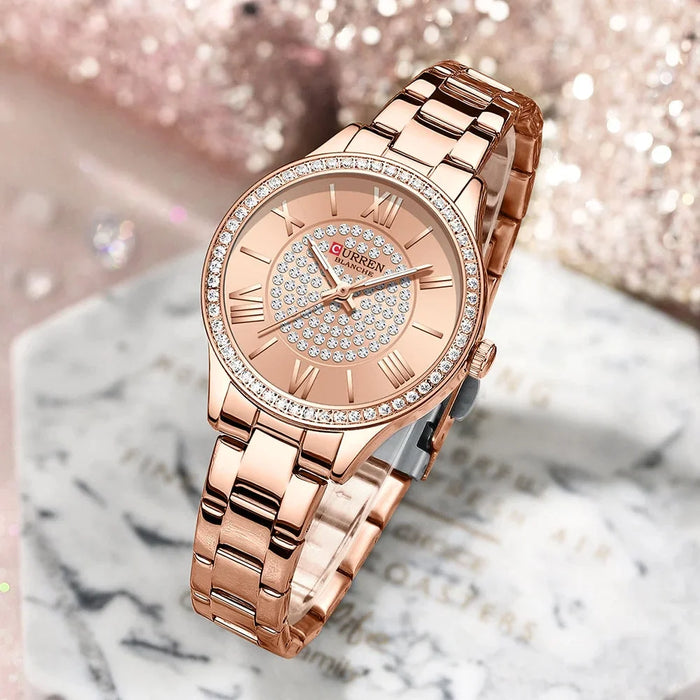 Stainless Steel Rhinestones Rose Dial Quartz Wristwatches For Women