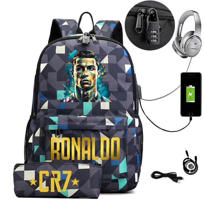 Ronaldo Printed Backpack With Usb And Lock 2 Piece Set