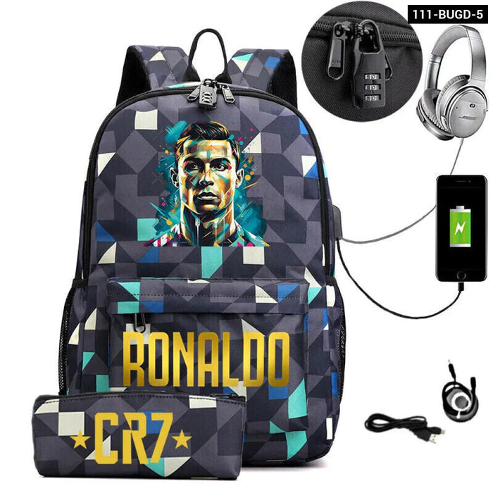 Ronaldo Printed Backpack With Usb And Lock 2 Piece Set