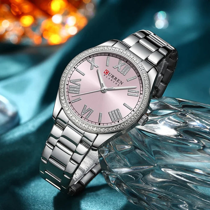 Stainless Steel Charming Silver Rhinestone Dial Quartz Women's Watch