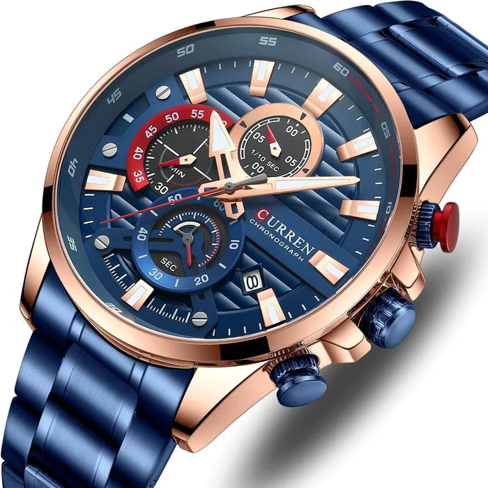 Blue Multi Function Quartz Watches Sport Stainless Steel Band Wristwatches For Men With Luminous Hands