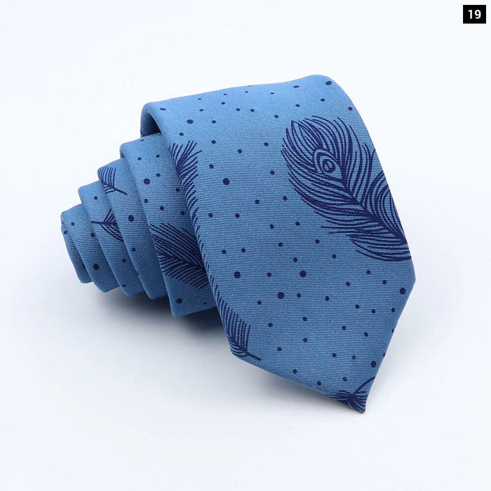 Classic Denim Floral Tie 7cm Skinny Cotton Feather Dot Mens