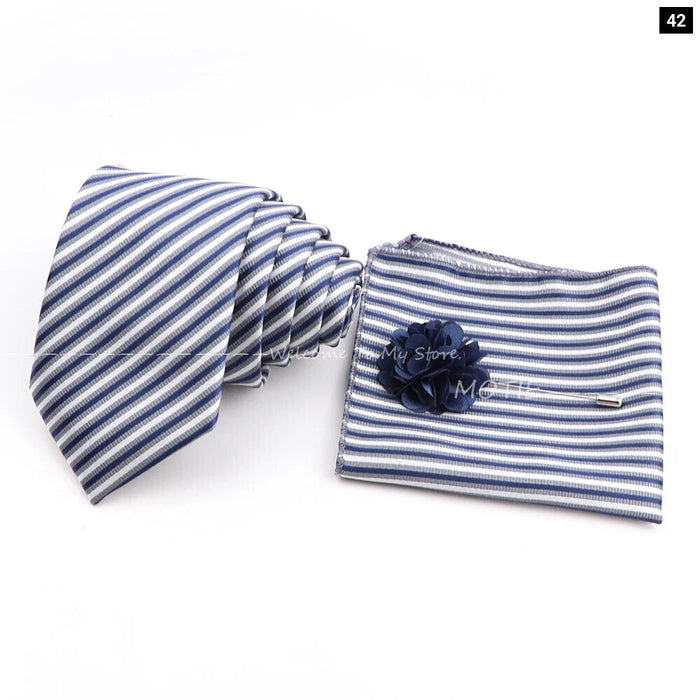 Blue Striped Tie Set For Weddings And Parties