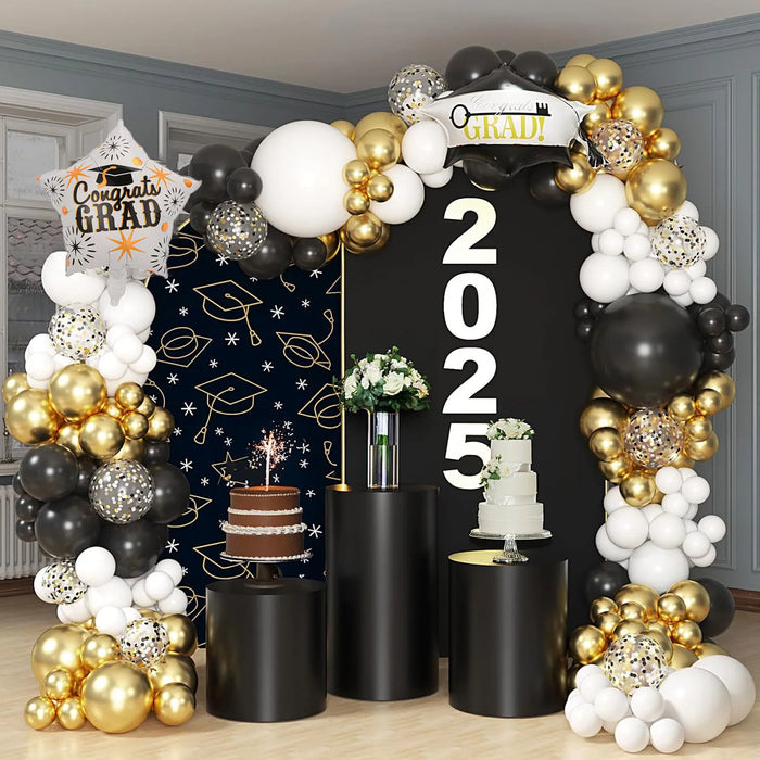 136Pcs Black White Gold Balloon Arch Garland Kit Graduation Cap Star Balloon Graduation Party Graduation Birthday Decoration