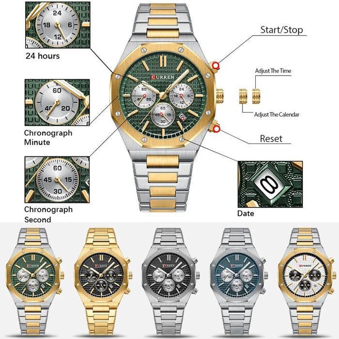 Fashion Quartz Square Design Dial Sports Stainless Steel Bracelet Luminous Hands Wrist Watches With Chronograph Function