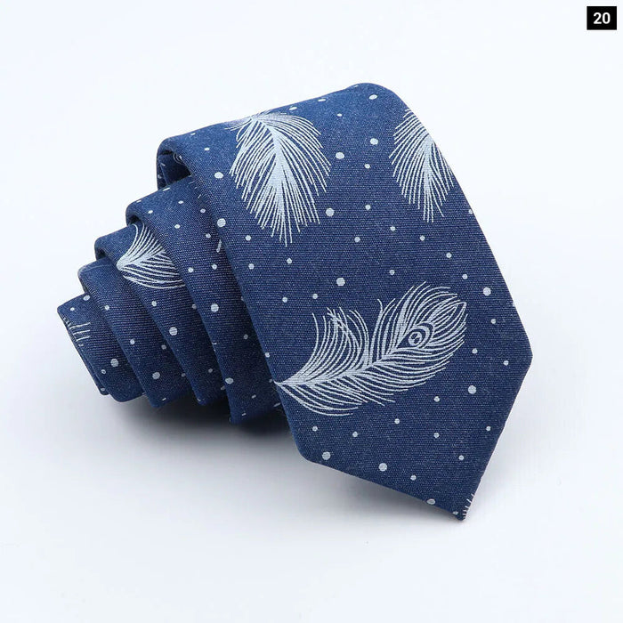 Classic Denim Floral Tie 7cm Skinny Cotton Feather Dot Mens