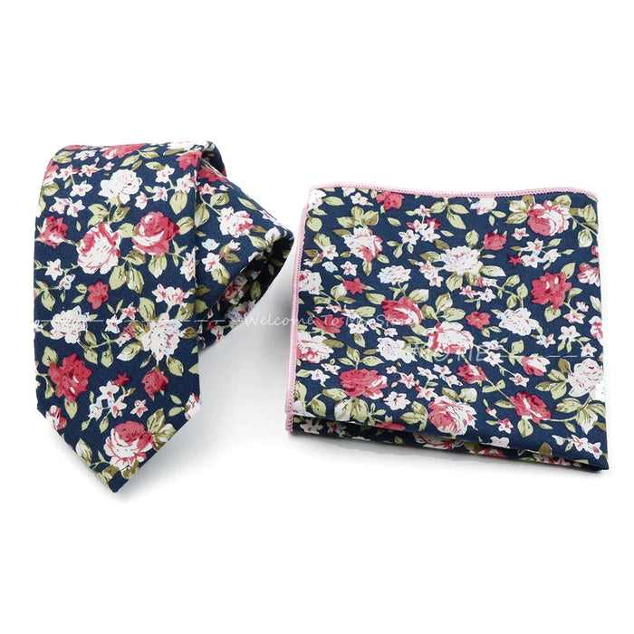 Floral Cotton Ties And Pocket Square Set For Business And Weddings