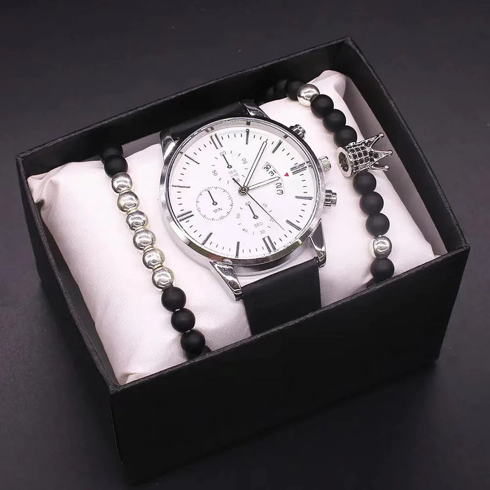 Mens Bracelet Leather Quartz Wrist Watch Set With Bracelets