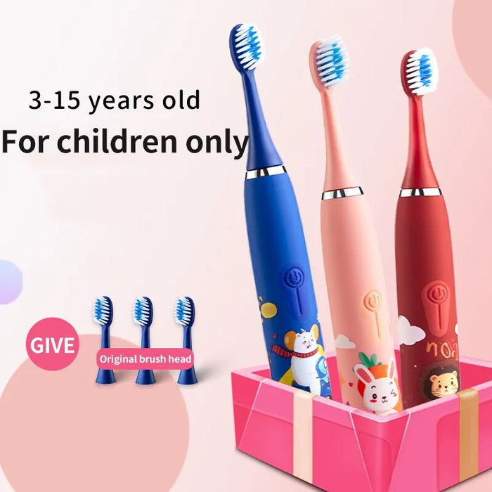 Electric Ultrasonic Rechargeable Soft Cartoon Toothbrush With Replacement Heads For Kids