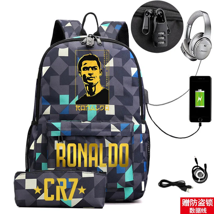 Ronaldo Printed Backpack With Usb And Lock 2 Piece Set