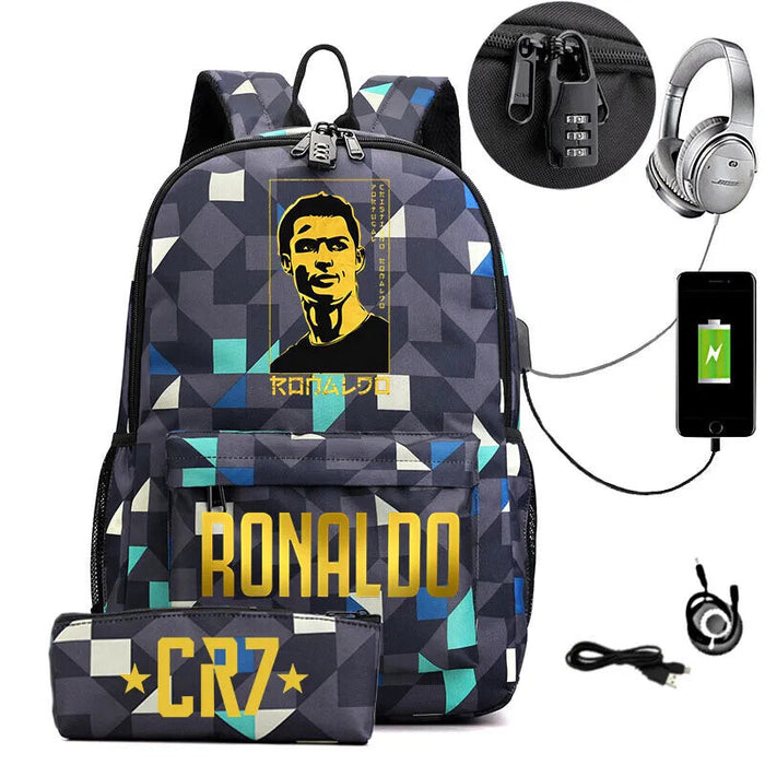 Ronaldo Printed Backpack With Usb And Lock 2 Piece Set