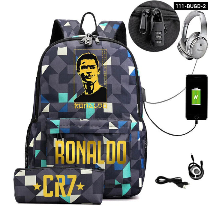 Ronaldo Printed Backpack With Usb And Lock 2 Piece Set