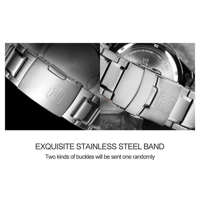 Men's Stainless Steel Band Analog Week Calendar Display Quartz 3ATM Water Resistant Wristwatch