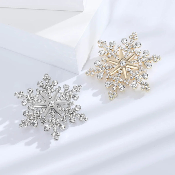 Sparkling Snowflake Lapel Pin Womens Gold Silver Rhinestone Badge For Christmas