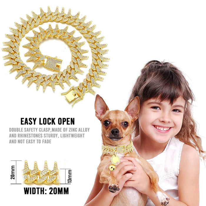 Durable Gold Dog Collar Bling Cz Diamond Chain Secure Buckle Rivet Metal Puppy Cuban Link