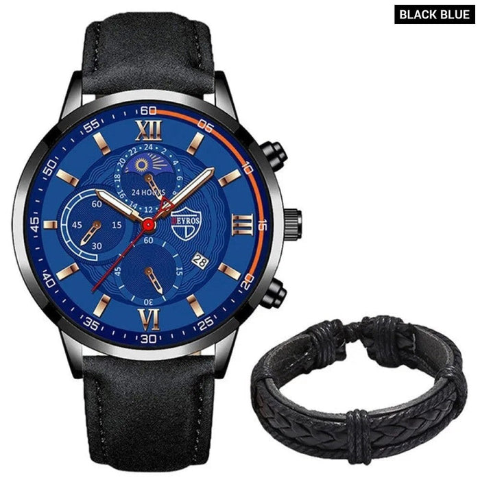 2PCS Set Fashion Mens Sports Watches Man Business Leather Bracelet Quartz Watch Luxury Men Casual Luminous Clock