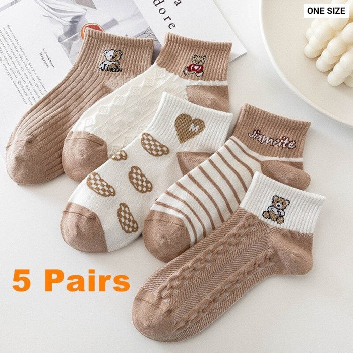 5 Pairs Women Elegant Socks Retro Polyester Cotton Low Tube Girl Breathable Japanese Style Casual Stockings