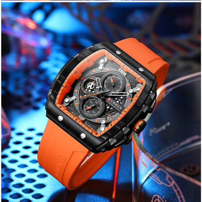 Silicone Straps Quartz Hollow Dial Watches With Auto Date Square Clock Male