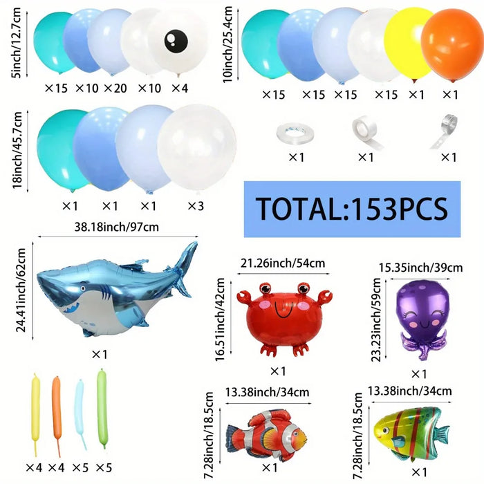153Pcs Ocean Themed Birthday Party Balloon Set Shark Bubble Fish Clownfish Crab Octopus Themed Party Celebration Decoration