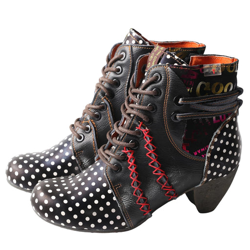 Polka Dot Leather Womens Boots With Moccasin Hand Stitching