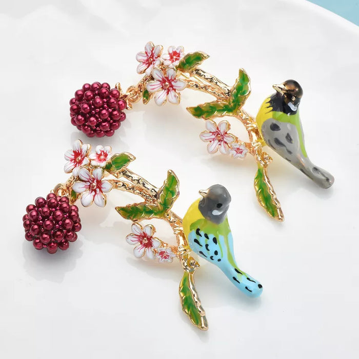 Enamel Fruits Bird Brooch 2 Colour Beauty Bird On Flower Branch Pin