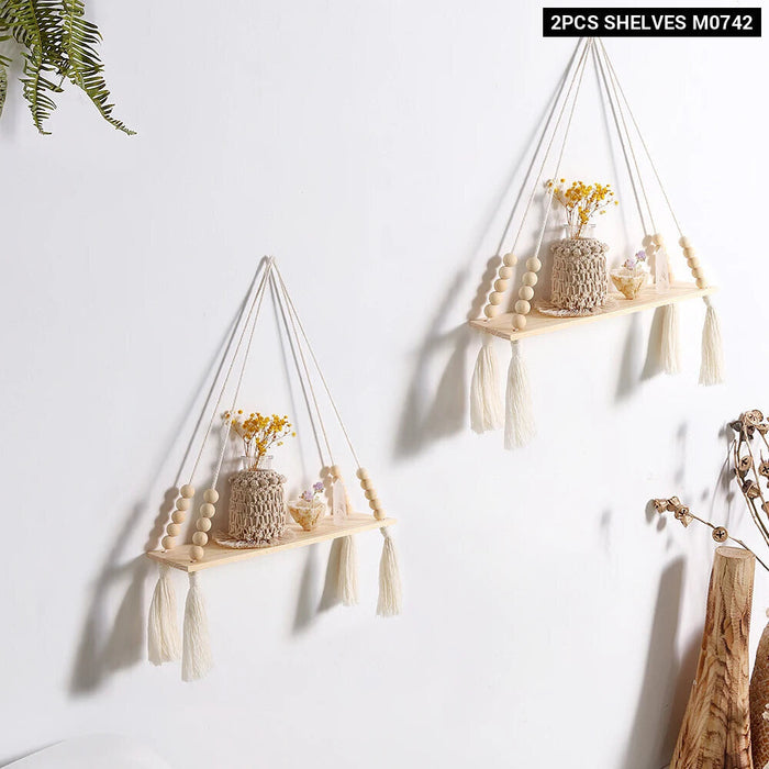 2 Piece Wood Bead Macrame Leaf Wall Shelf Set