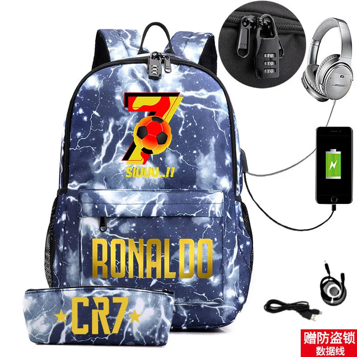 Ronaldo Printed Backpack With Usb And Lock 2 Piece Set