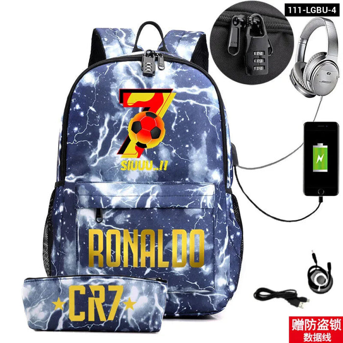 Ronaldo Printed Backpack With Usb And Lock 2 Piece Set