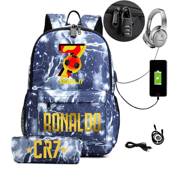 Ronaldo Printed Backpack With Usb And Lock 2 Piece Set