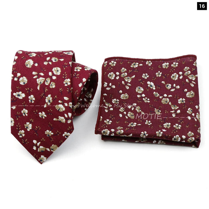 Floral Cotton Ties And Pocket Square Set For Business And Weddings