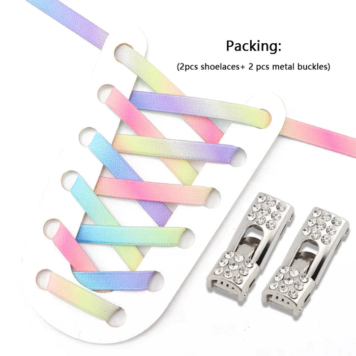 Rainbow No Tie 8Mm Wide Flats Diamond Cross Buckle Rubber Shoe Laces For Kids & Adults Shoes