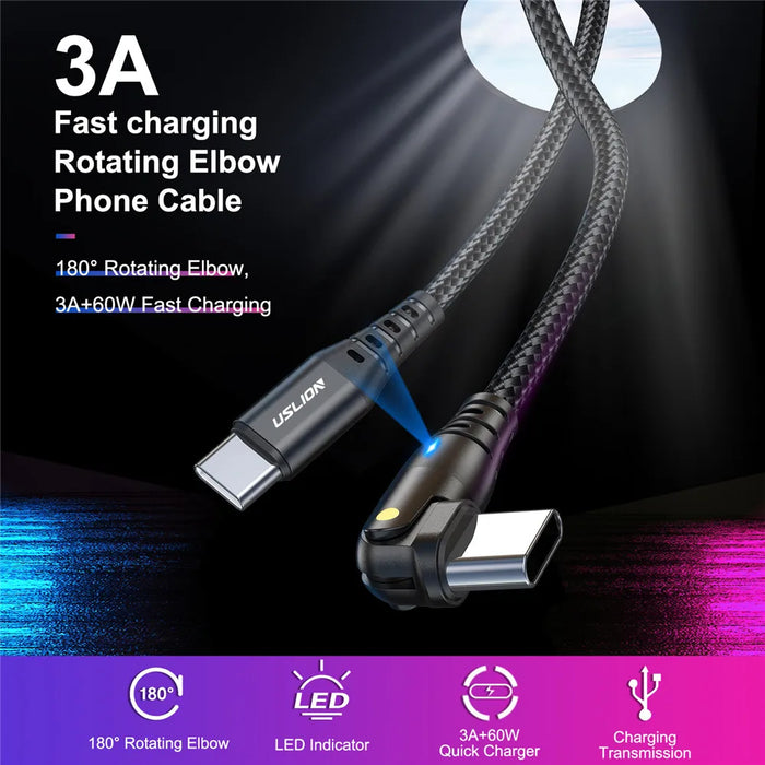 60W Usb C Fast Charge Cable For Xiaomi Samsung Macbook 180 Rotation