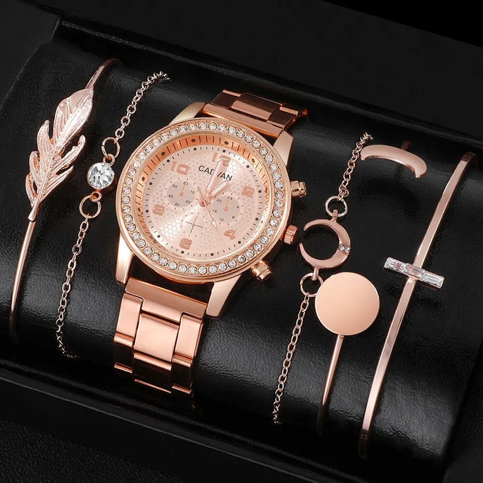 6Pcs Set Women Rose Gold Luxury Quartz Watch Rhinestone Fashion Wristwatch Casual Ladies Watches Bracelet Set Clock