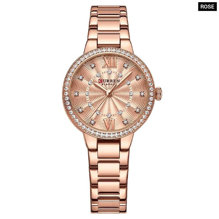 Quartz Wristwatches For Women Rhinestones Rose Dial Fashion Watches With Stainless Steel