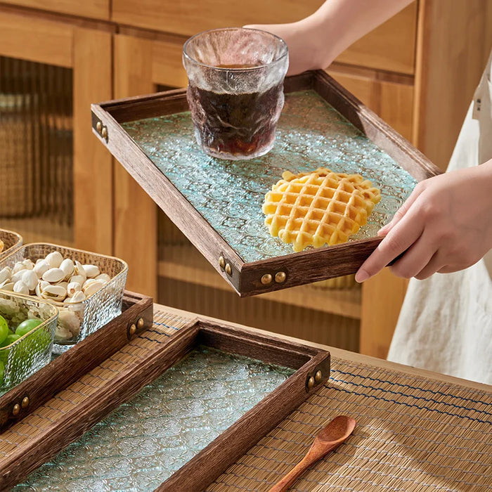 Rectangular Glass Wooden Tray For Living Room Snacks And Tea