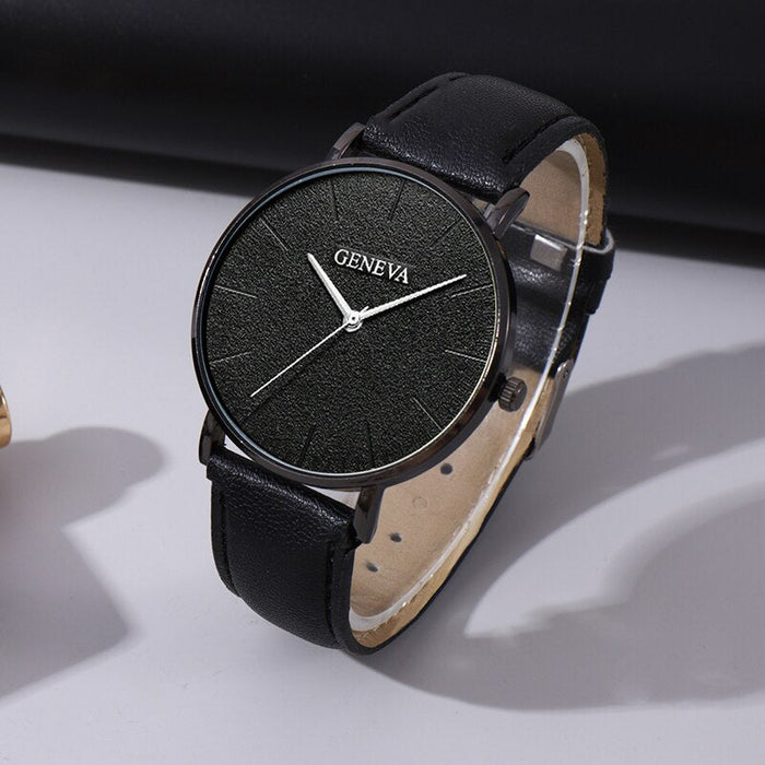 2PCS Set Fashion Mens Leather Watches Simple Men Business Mesh Belt Quartz Watch Male Casual Necklace Wristwatch