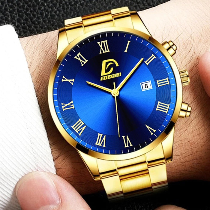 Fashion Mens Gold Stainless Steel Watches Luxury Minimalist Quartz Wrist Watch Men Business Casual Calendar Watch