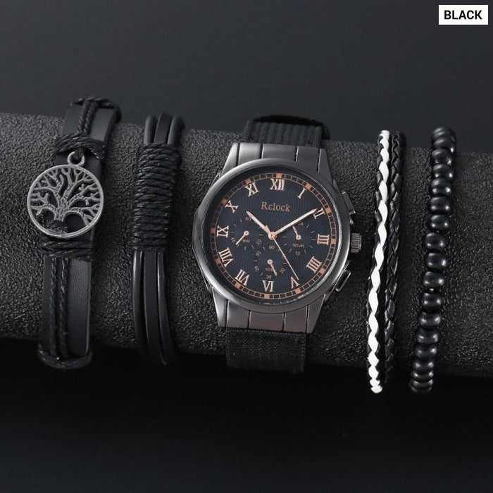 4pcs Brown Nylon Strap Quartz Watch With Bracelet For Men Casual Fashion Round Watch In Daily Sport