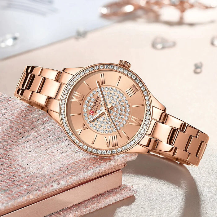 Stainless Steel Rhinestones Rose Dial Quartz Wristwatches For Women