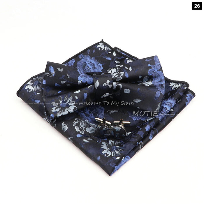 Blue Floral Pocket Square Set Bowtie Cufflink Brooch For Weddings