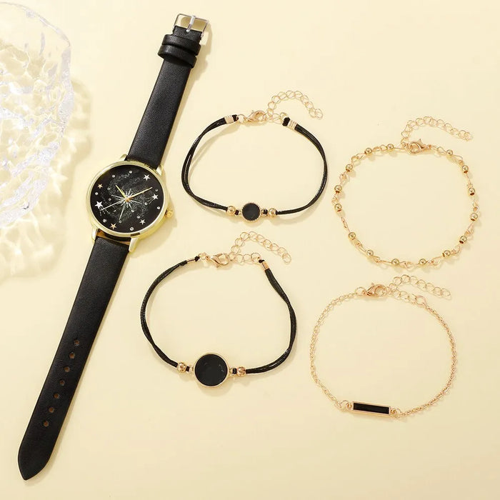 5Pcs Set Women Fashion Watch Casual Leather Belt Watches Ladies Starry Sky Dial Quartz Wristwatches Dress Clock