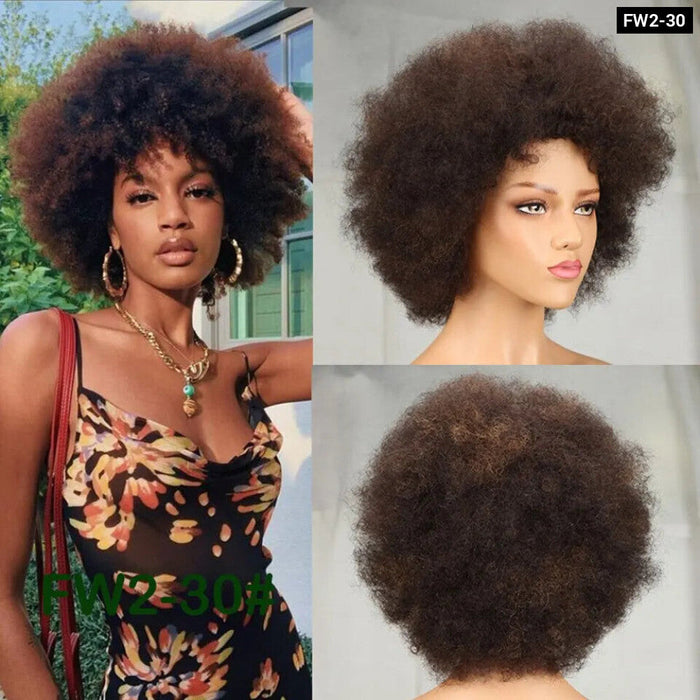 Short Afro Kinky Curly Human Hair Wig With Thick Bangs