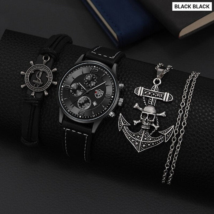 3PCS Set Fashion Mens Calendar Watches Luxury Men Business Black Stainless Steel Quartz Watch Male Necklace Bracelet Wristwatch